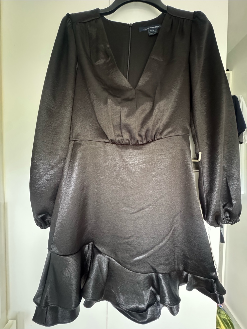 NWT French Connection Black Satin Mini Dress Long Sleeve Ruffle Hem Size 0